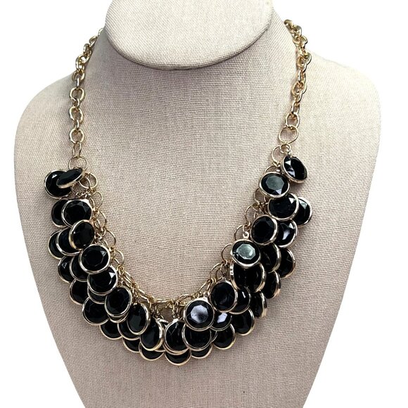 Chunky Beaded Layered Bib Necklace Black Gold Tone Round - Picture 1 of 5